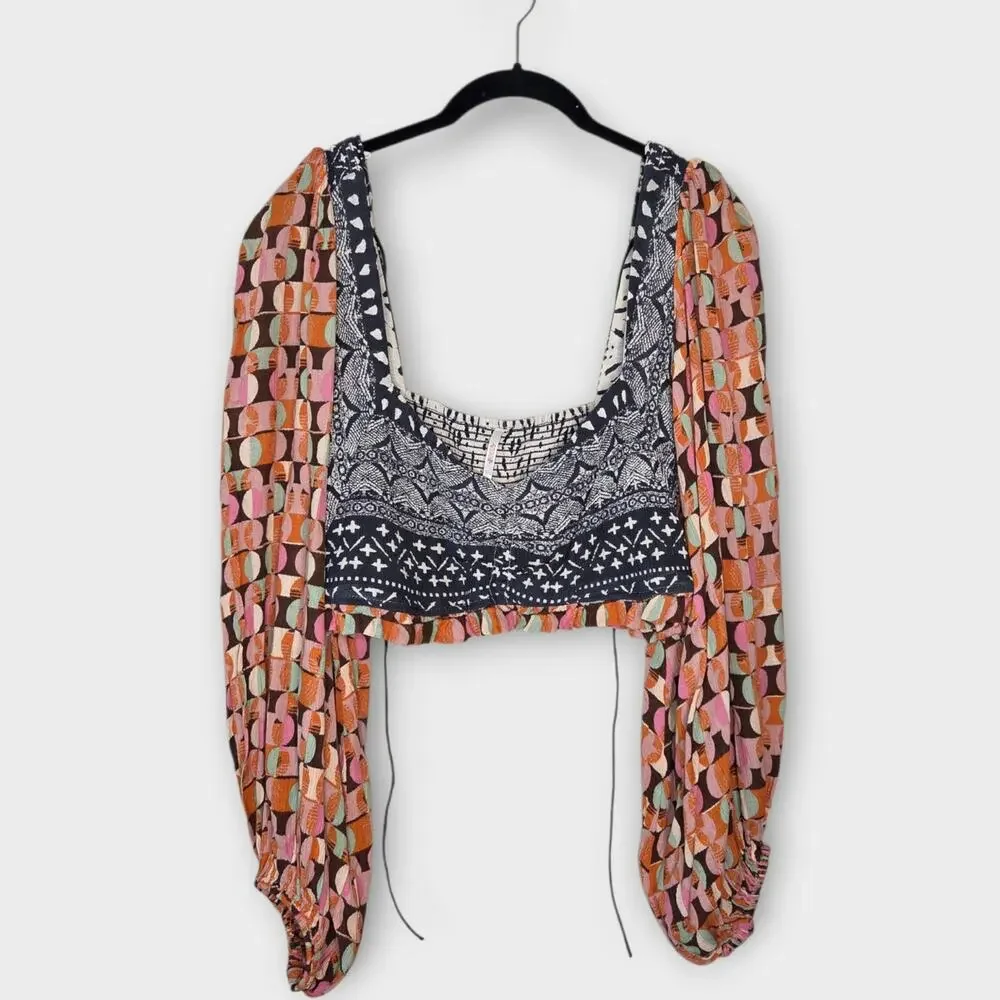 Free People Naomi Mixed Print Crop Top Balloon Sleeve Smocked Back Women's Med